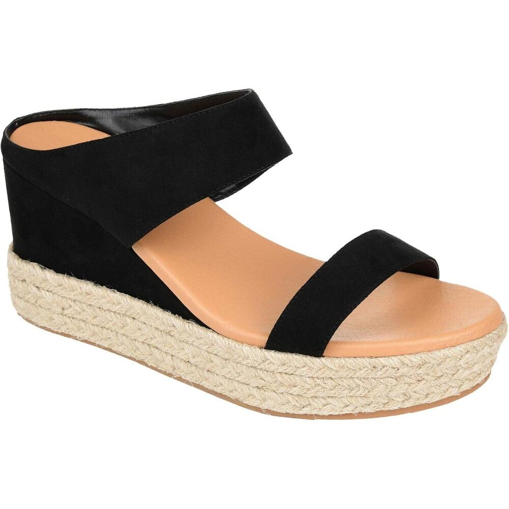 NEW Journee Collection Alissa Double Strap Comfort Wedge Espadrille Sandal BLACK